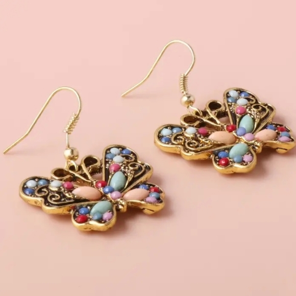 NWT Vintage Gemstone Butterfly Dangle Earrings Handmade - Picture 2 of 4